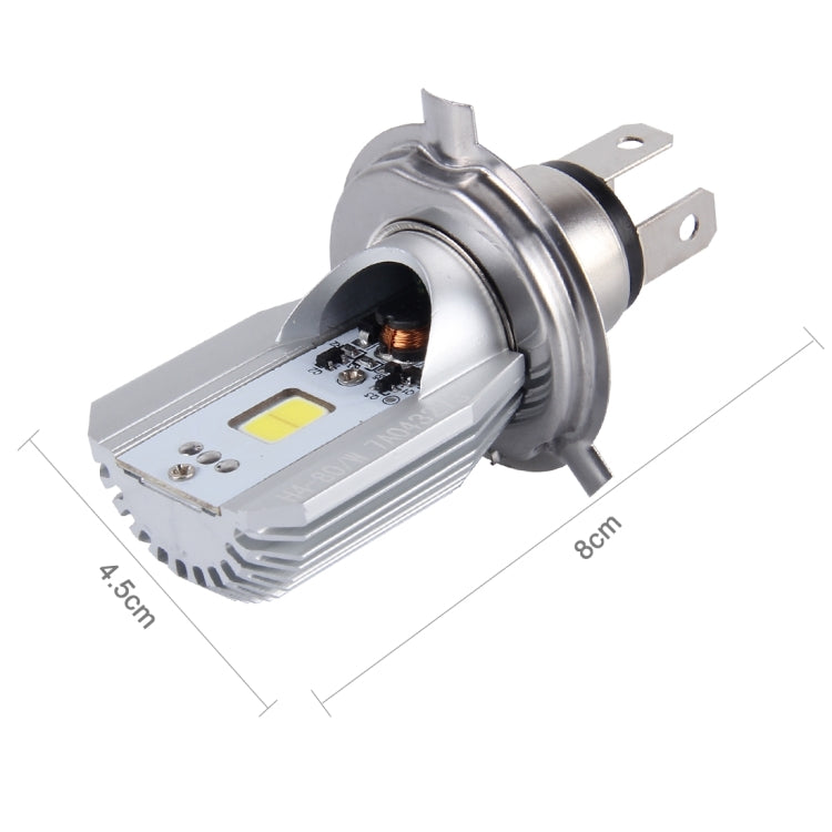 Motorcycle LED headlight bulb with metal heatsink and mounting pins, with size guides