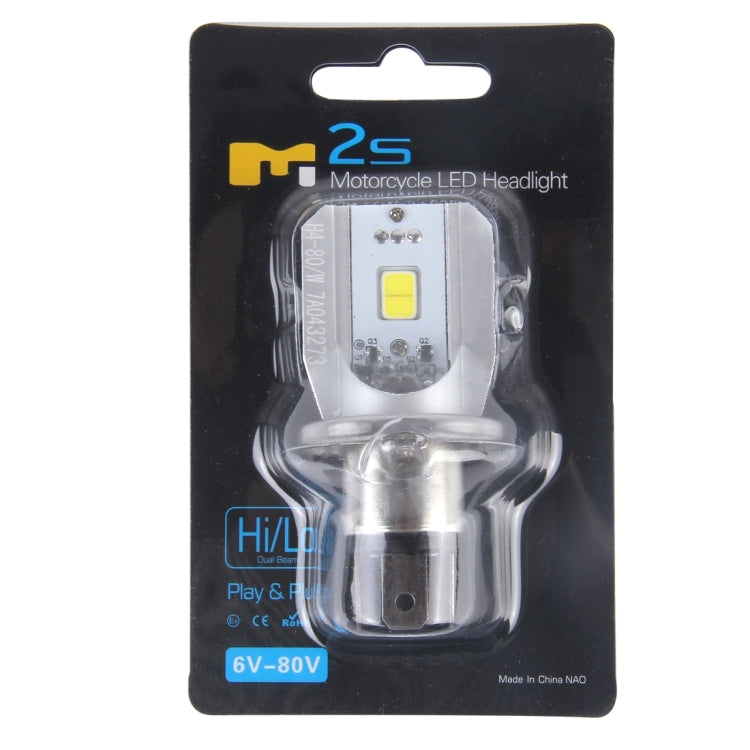 Motorcycle LED headlight bulb retail blister pack showing bulb and LED module
