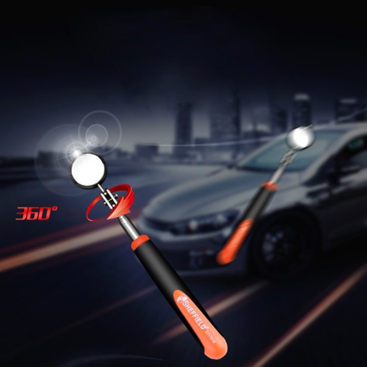 Car inspection mirror with bright LED beam, black-orange handle, round 55mm viewing head