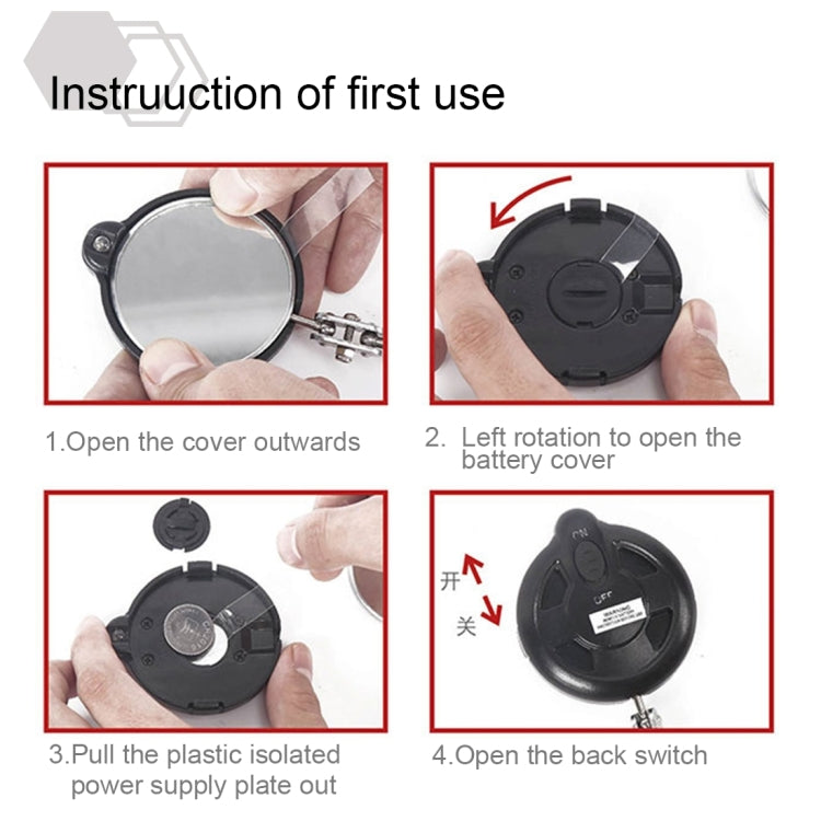 Inspection mirror battery cover instructions with on/off and cover opening directions