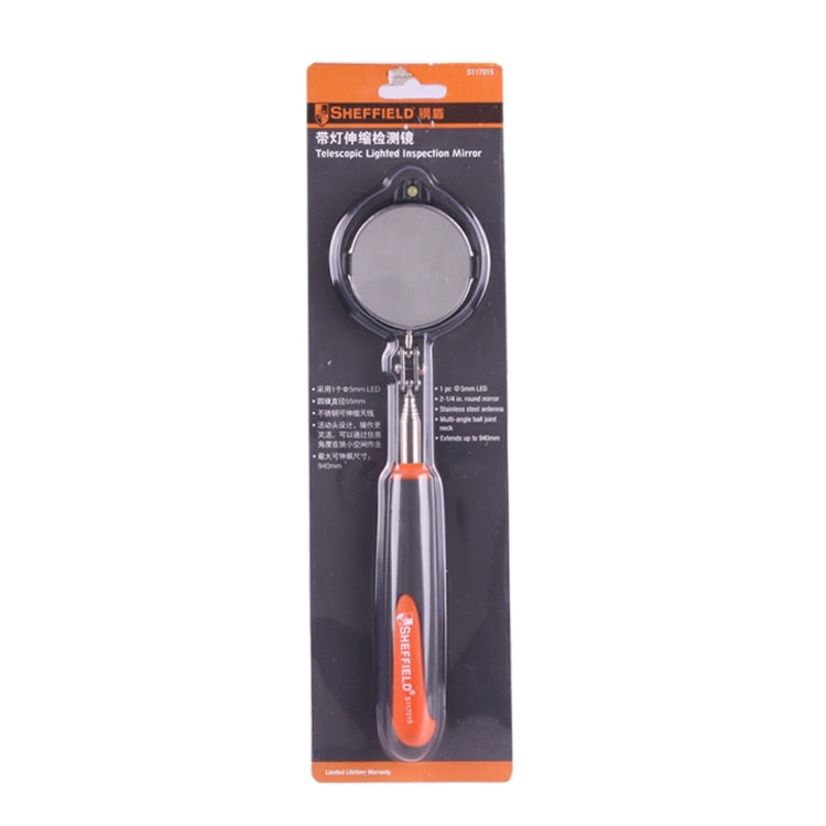 Sheffield boxed telescoping inspection mirror with round 55mm head and orange-black handle