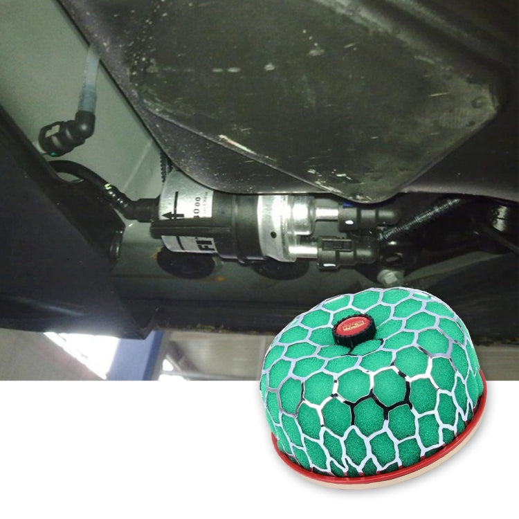 Bees nest style air filter installed on engine bay, green honeycomb foam