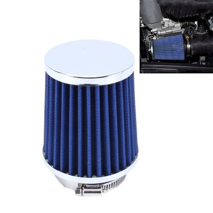 Blue mushroom-style air filter with chrome top and pleated cotton media