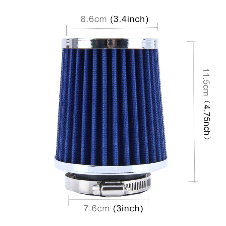 Blue 5cm mushroom-style air filter, pleated cotton media, size shown