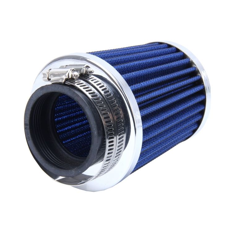 Blue mushroom-style air filter with chrome base and pleated cotton intake tube