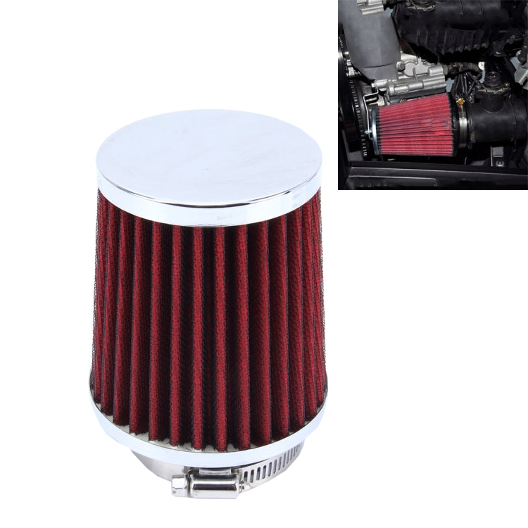 Red mushroom-style air filter with chrome top and pleated cotton media