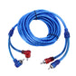 Coiled blue car audio power cable with RCA plugs and inline fuse