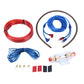 Car amplifier wiring kit with red and blue cables, fuse holder, and hardware