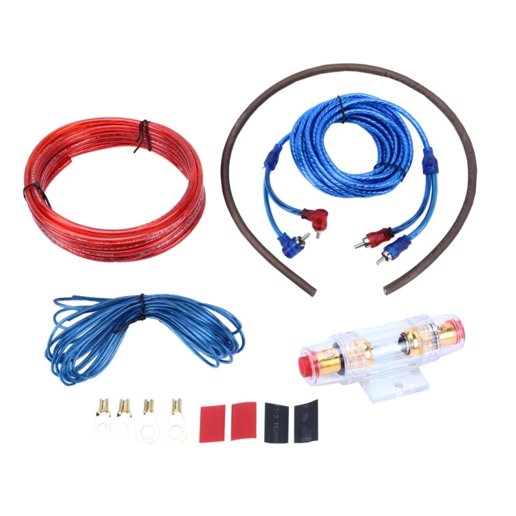 Car amplifier wiring kit with red and blue cables, fuse holder, and hardware