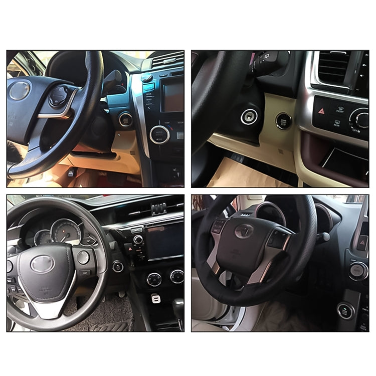 Car push start switch shown on vehicle dashboard with blue-lit control panel
