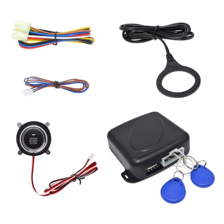 Engine start stop switch kit with wiring, control module, and blue key fobs