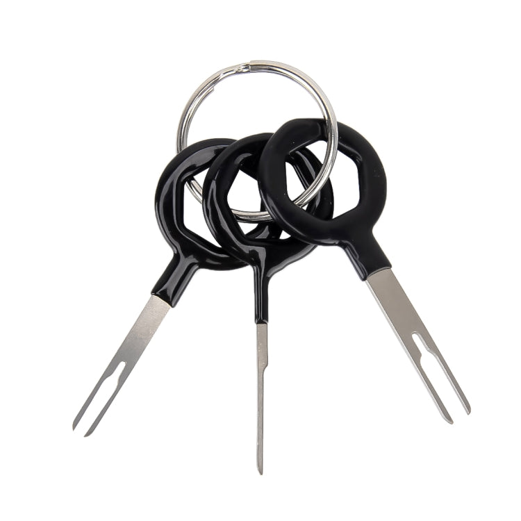 Rubberized car wiring terminal extraction tool set with ring and three-prong pick, black
