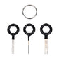 Three rubberized terminal extraction tools with black round grips and forked metal tips