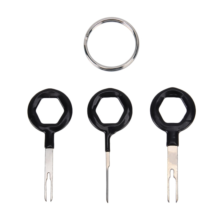 Three rubberized terminal extraction tools with black round grips and forked metal tips