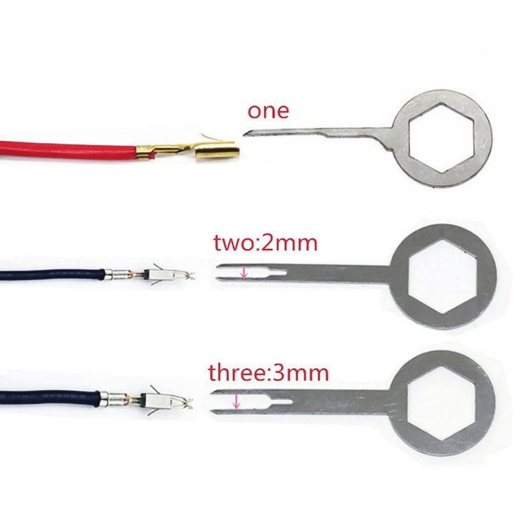 Metal terminal extraction tools sized for 1mm, 2mm, and 3mm clips with hex heads