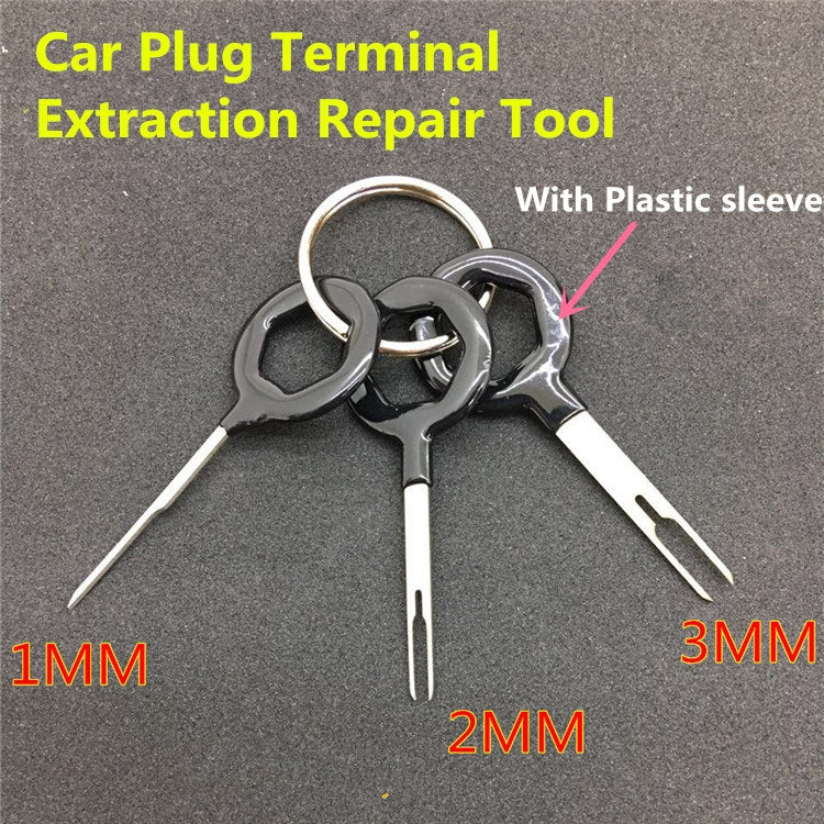 Car plug terminal extraction repair tool set with plastic sleeve and three size needles