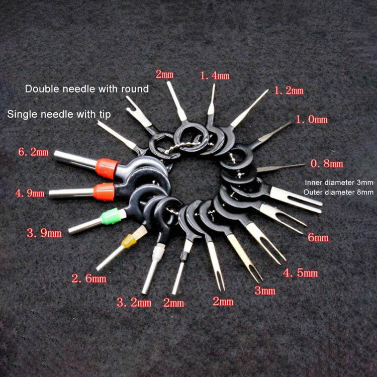 Car terminal extraction tool set diagram with single and double needle sizes