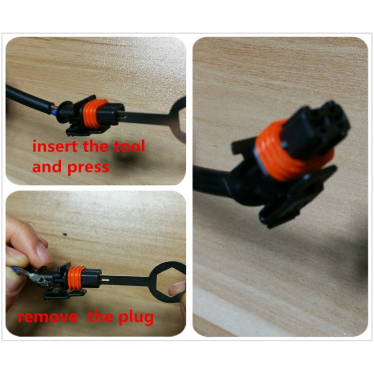Car connector terminal tool inserting and pressing on orange-tipped connector