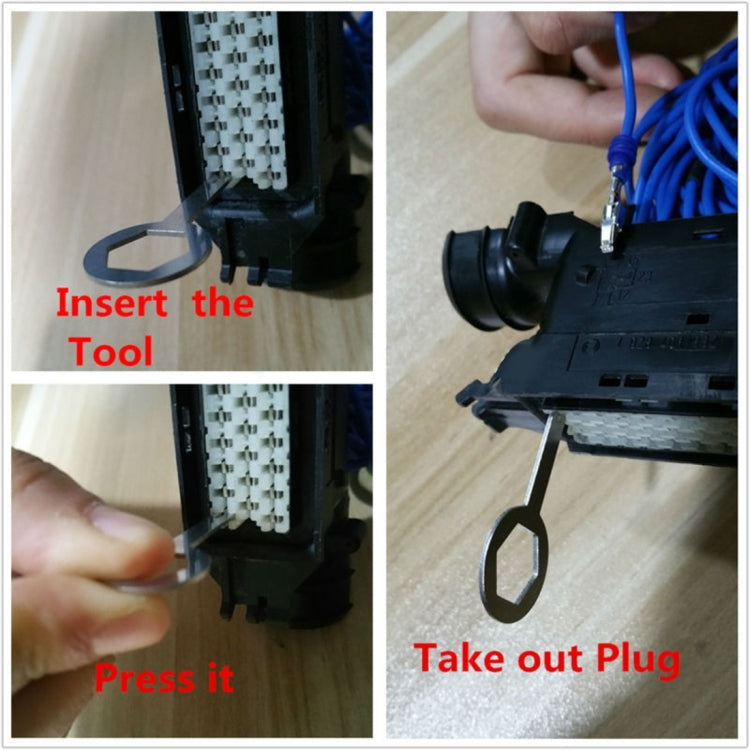 Car wiring connector terminal tool pressed into the plug housing for removal