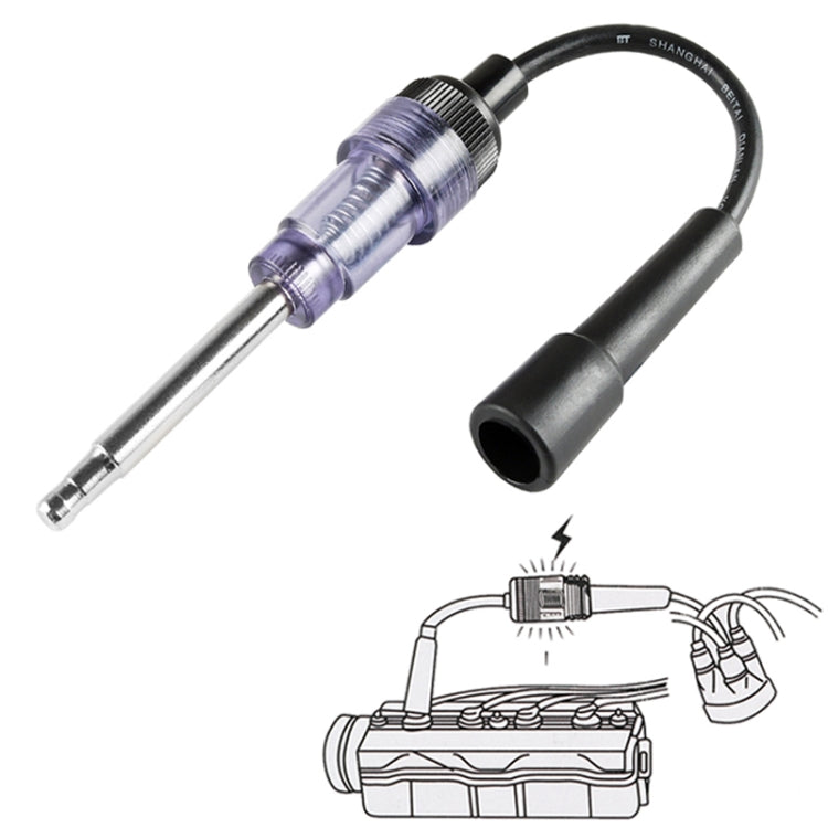 DC 12V ignition test instrument with black cable, purple housing, and spark-plug connector