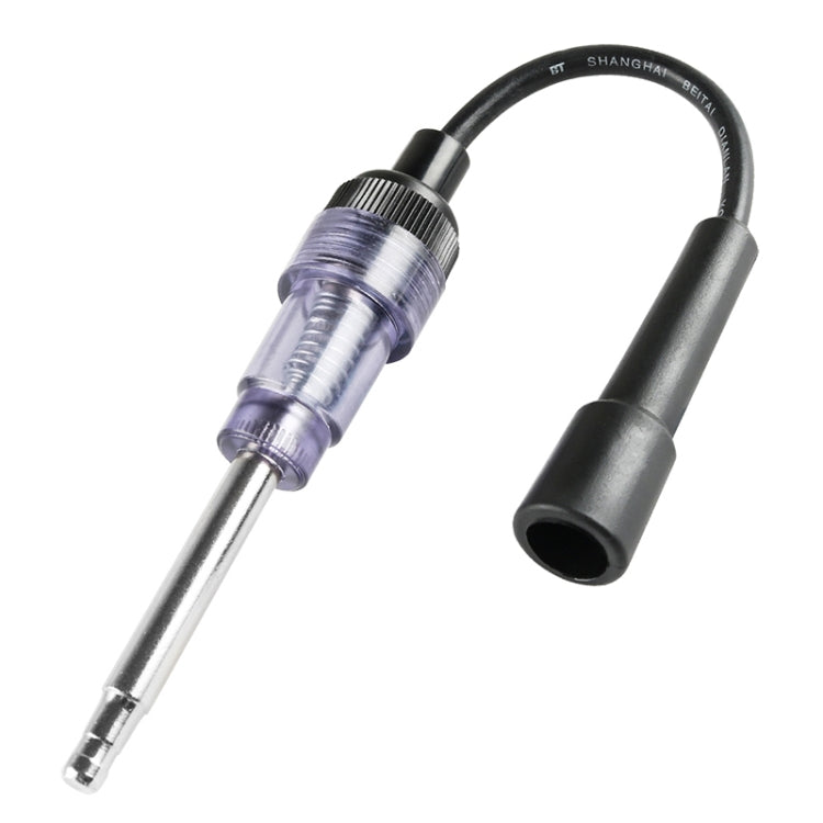 Ignition test instrument with black loop cable, purple probe body, and metal spark tip