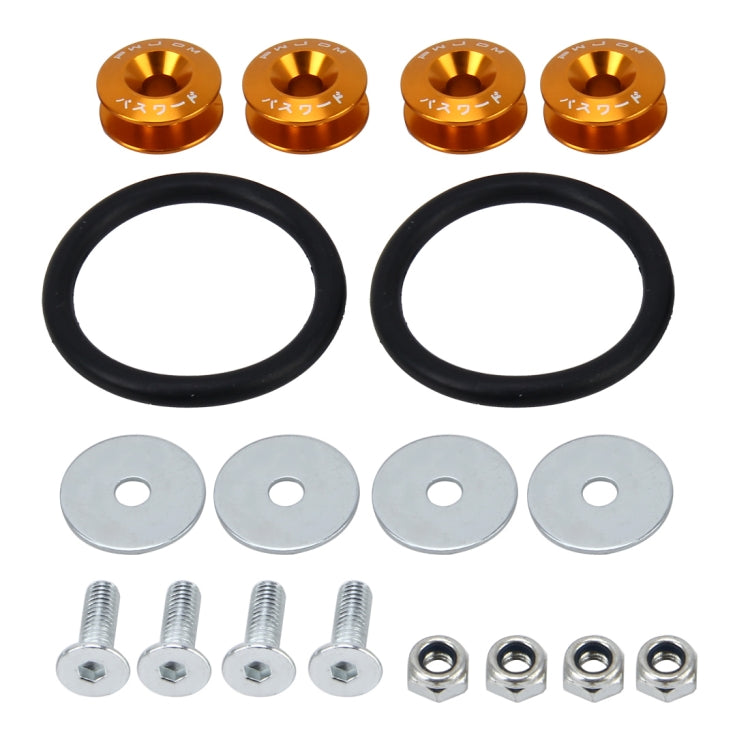 Car screw gasket kit with gold caps, black rubber rings, washers, bolts, and nuts.