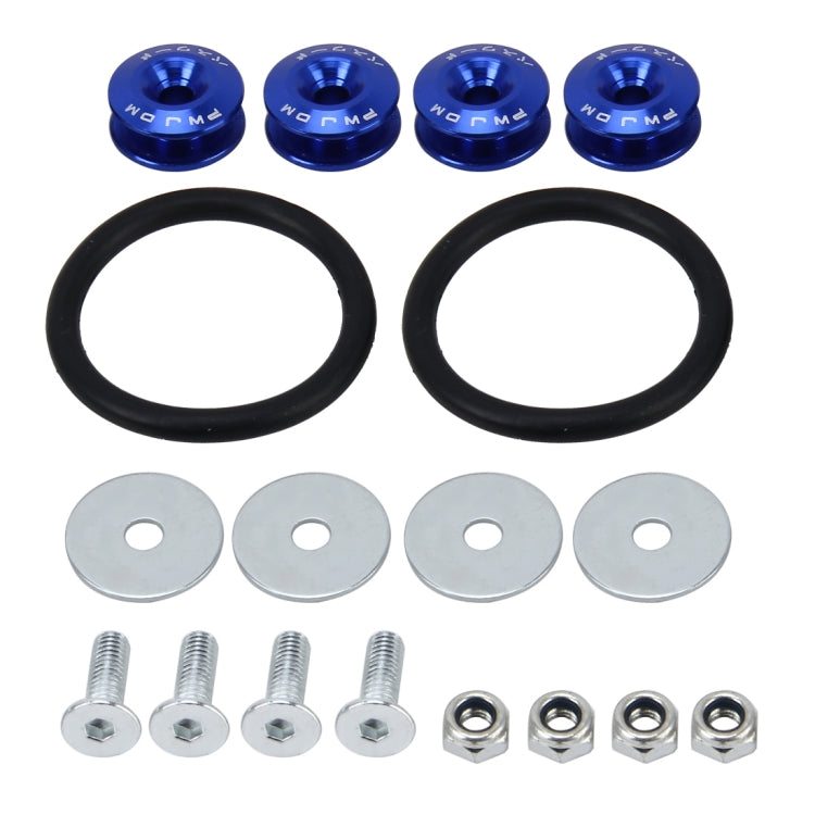 Car screw gasket kit with blue caps, black rubber rings, washers, bolts, and nuts.
