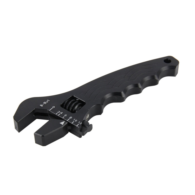 Adjustable spanner wrench with black jaw and S-Nut sizing scale