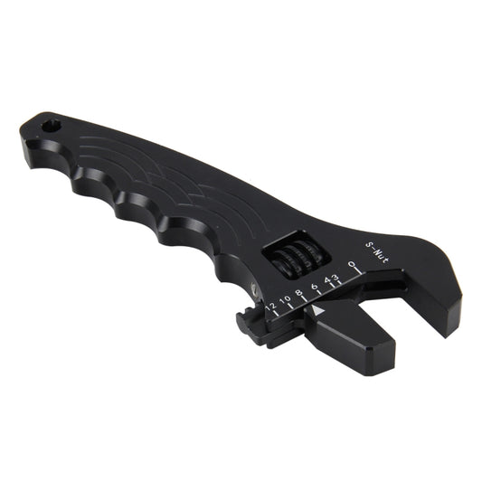 Adjustable spanner wrench, black, angled view of adjustable jaws and dial