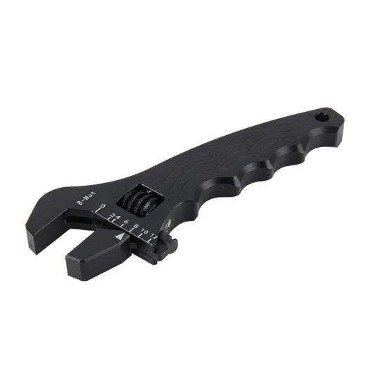 Adjustable spanner wrench with black jaw and S-Nut sizing scale