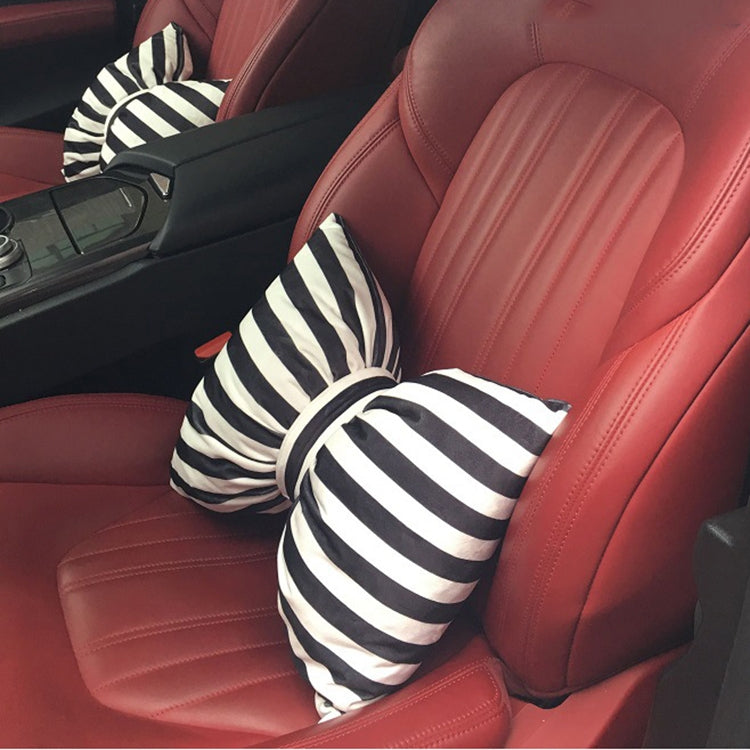 Car waist/back cushion set with black-and-white striped bowknot pillows