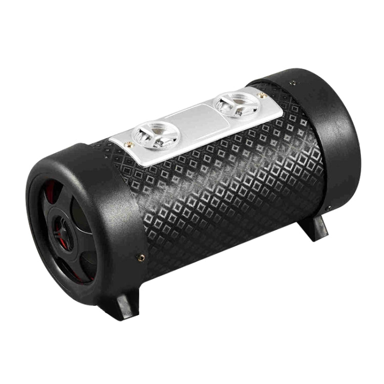 Black 4-inch round subwoofer speaker with front speaker grille and two controls