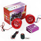 Motorcycle MP3 audio system set with red speakers, purple control box, wiring and remote.