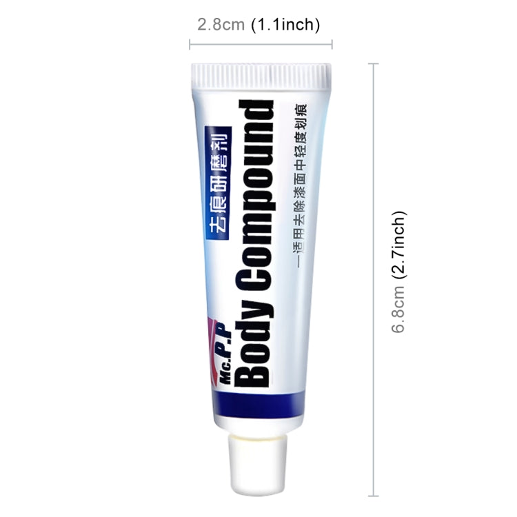 Car body compound squeeze tube, white with blue accents; size marked 2.8cm