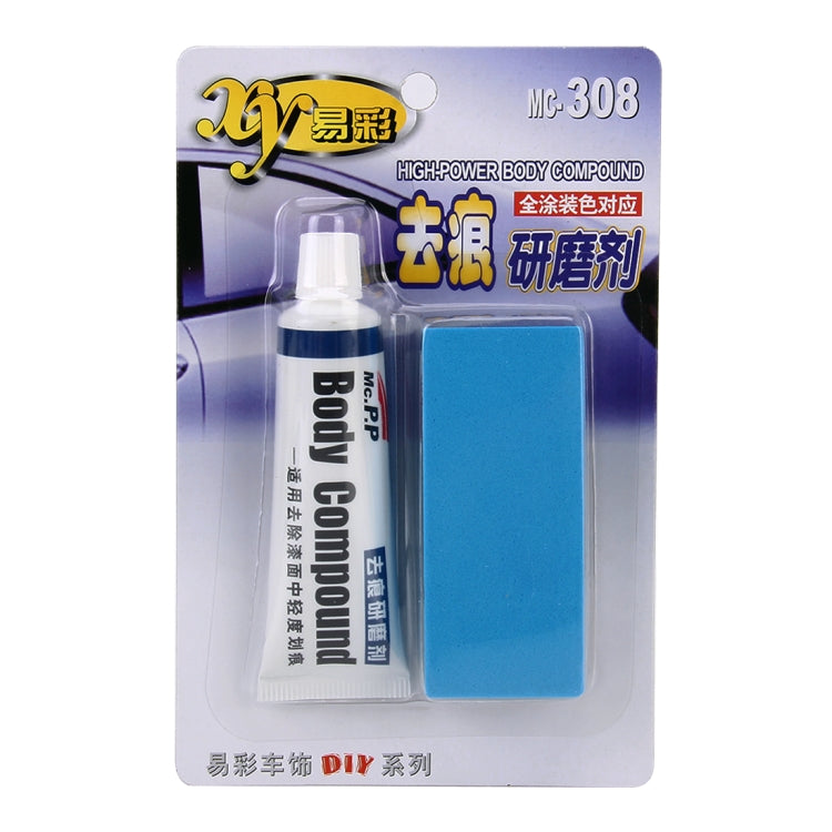 Body compound kit blister pack with squeeze bottle and blue polishing pad