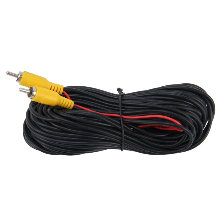 Car rear view camera cable bundle with two yellow RCA-style connectors and metal pins