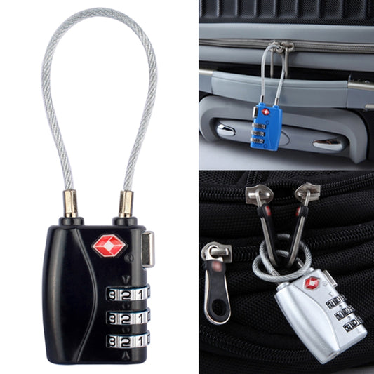 Black 3-digit TSA luggage padlock with braided steel cable and combination dials