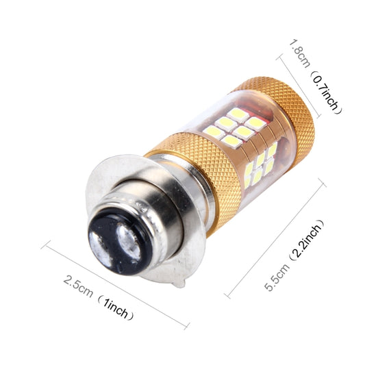 Compact motorcycle LED headlight bulb with gold sleeve and clear lens over white LED chips