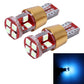 Pair of T10 LED bulbs with red PCB and gold bases; one bulb shown emitting blue light
