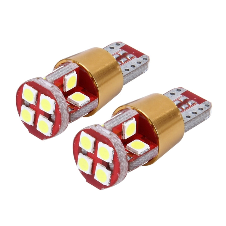 Two T10 LED bulbs, red PCB with white LEDs, and gold cylindrical bases