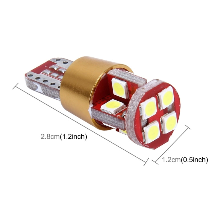 T10 LED bulb size view: red circuit board with gold base and 4 white LED chips