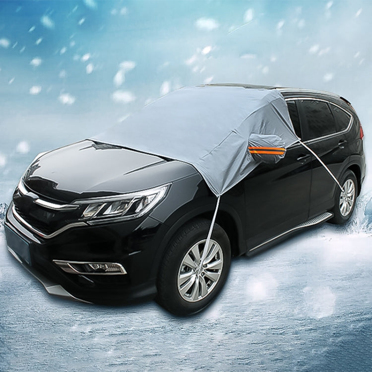 Car windshield snow cover protector, light gray tarp with reflective orange safety strip