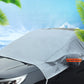 Car windshield snow cover frost guard cloth, gray draped over front glass with orange stripe