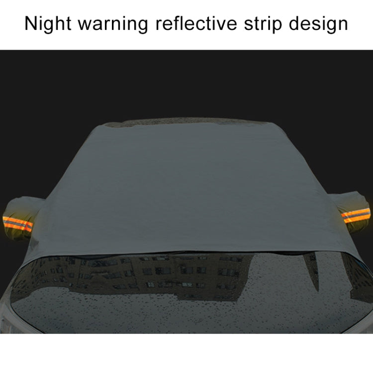 Car windshield snow cover with night warning reflective strip, light gray front drape