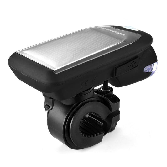 Black solar front light with mounted headlamp and circular side clip mount