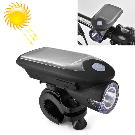 Black solar USB front bicycle/motorcycle light with white LED lens and mounting clip