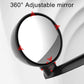 Round adjustable mirror showing 360° viewing angle on car