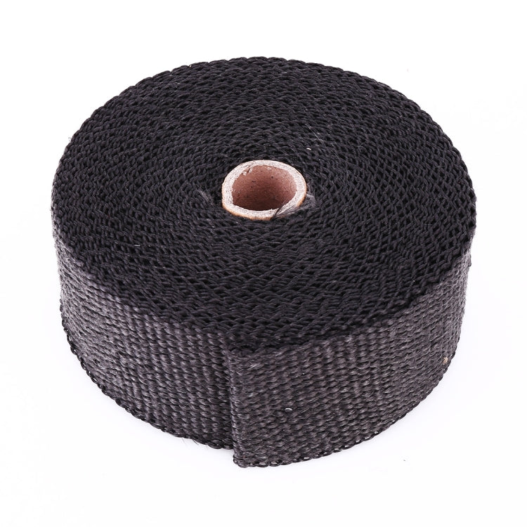Black cotton exhaust wrap roll with circular center hole, showing wound fabric texture