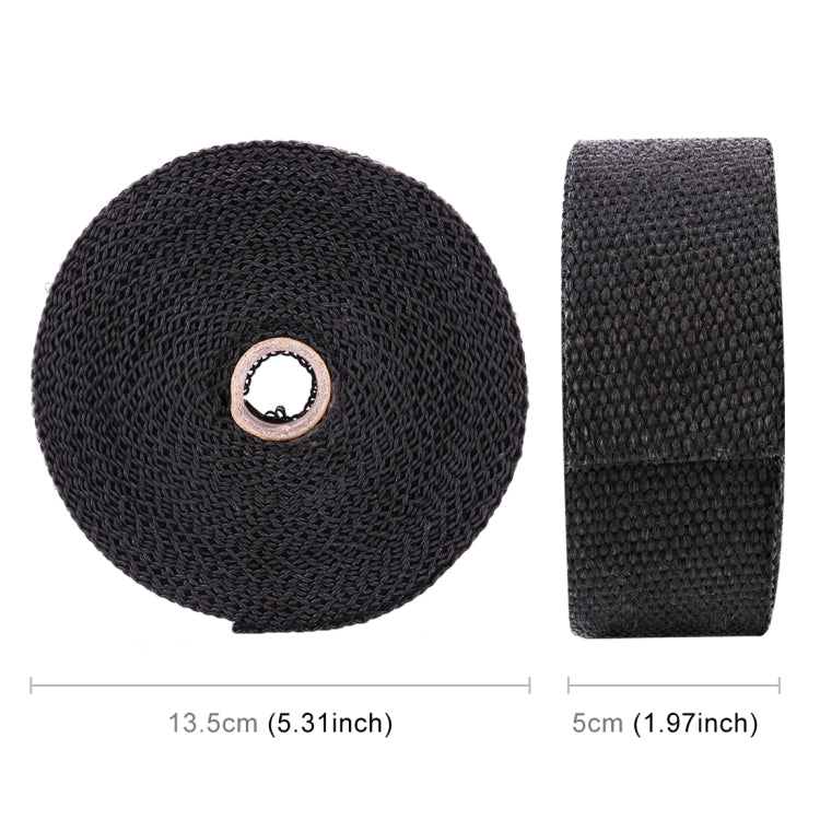 Black exhaust wrap roll with matching strap width; roll and strip shown with dimensions