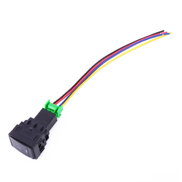 Car fog light switch with black button and attached 5-pin cable harness